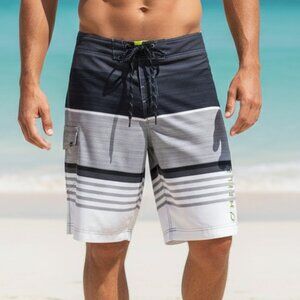 O'Neill Board Shorts Men 31 Gray White Lennox Stripes 4-Way Stretch Swim Shorts
